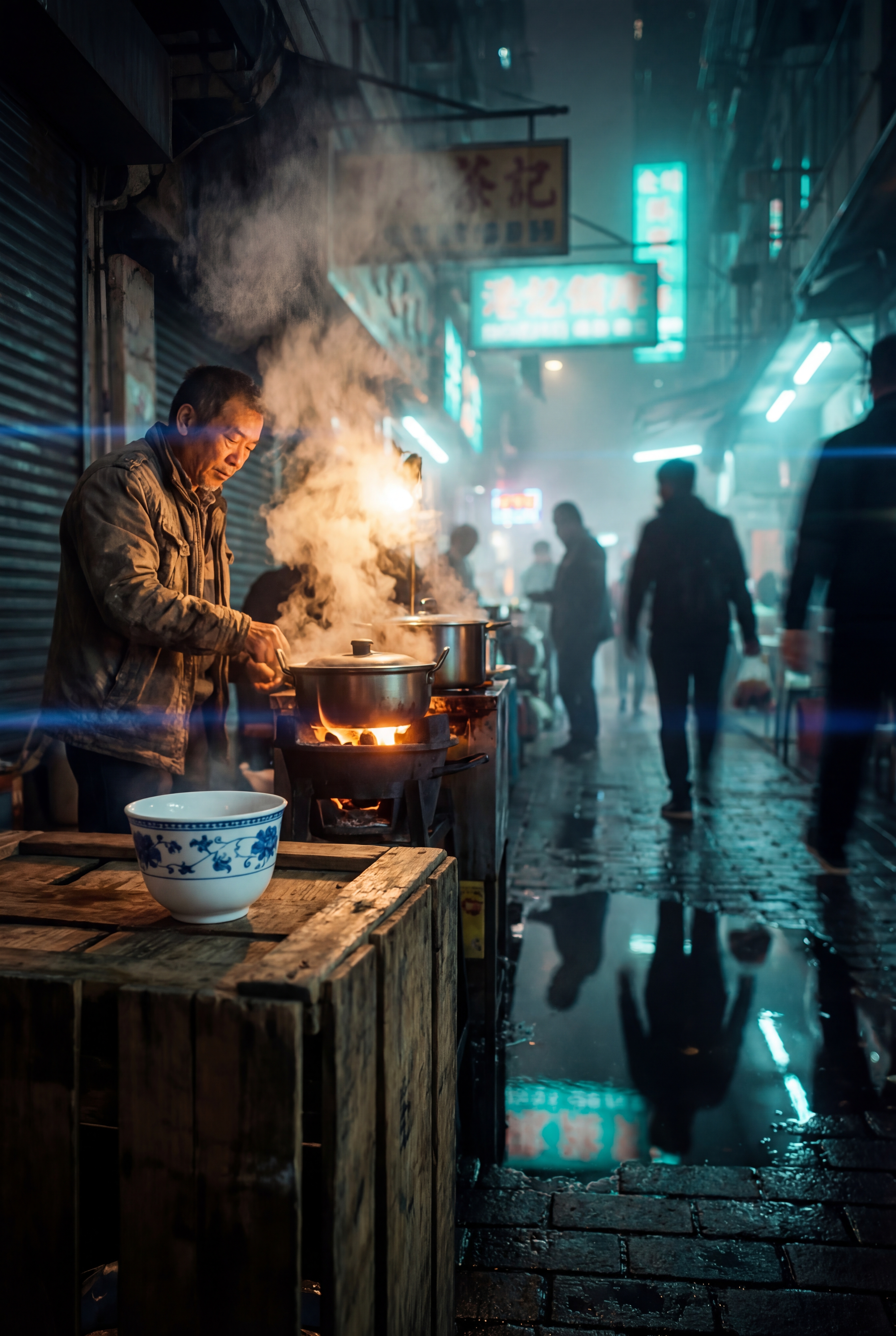 The Porcelain Stillness in Neon Rain